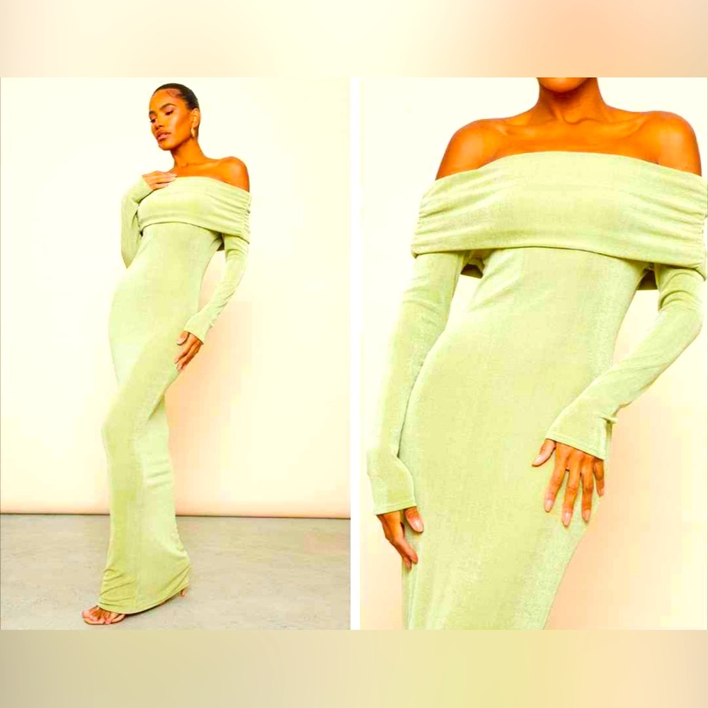 SAGE GREEN ACETATE SLINKY BARDOT LONG SLEEVE MAXI DRESS